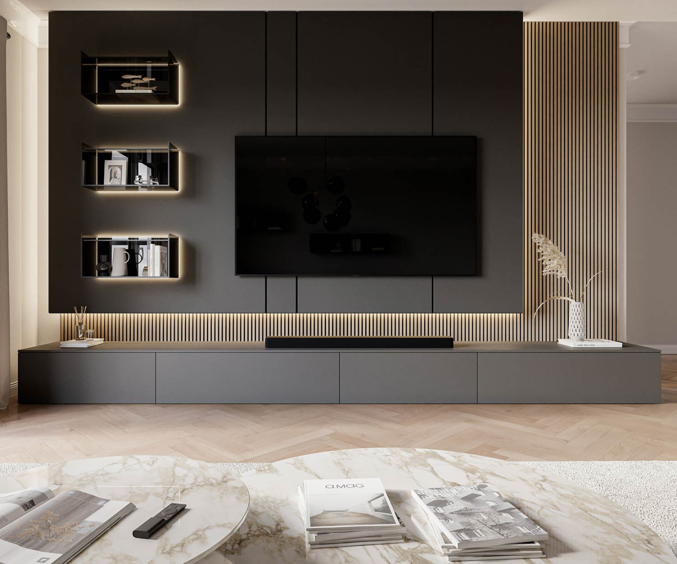 Moderne Design Wohnwand mit TV Paneel und Glasregal